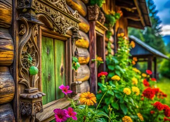 Fototapeta premium Macro Garden House Details: Intricate Wooden Textures & Blooming Flowers, Summer Garden