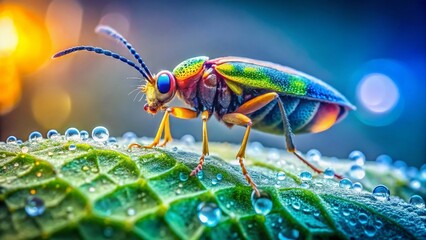 Fototapeta premium Macro Insect Photography: Foggy Dewdrop on Intricate Leaf Texture - Stock Image