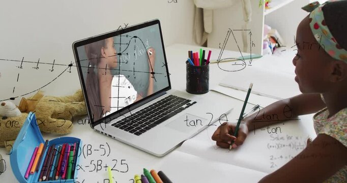 Learning math online, child using laptop with animation of equations in school