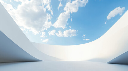 White curved wall with blue sky and clouds in the background