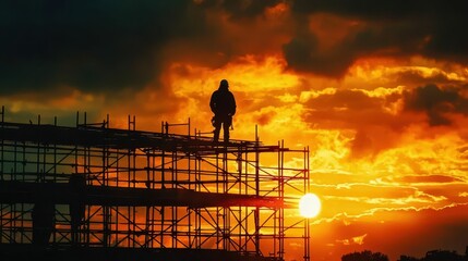 Dramatic Silhouette of Rusted Scaffolding Against Fiery Sunset Sky