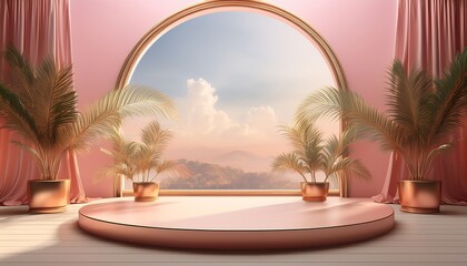 Obraz premium Stylish 3D render of a modern podium stage, perfect for product displays. Features a pink circular platform, lush palm plants in gold pots, and elegant pink curtains. A scenic sky view