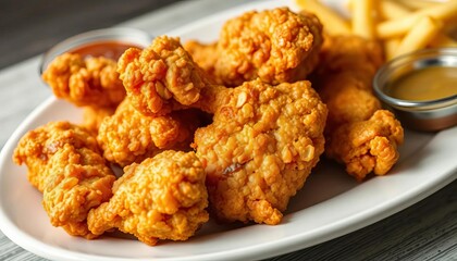 Crispy fried chicken pieces, golden-brown, served with sides on a white plate, isolated, coleslaw