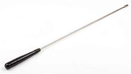 Obraz premium Long, slender metallic rod with black handle on white background