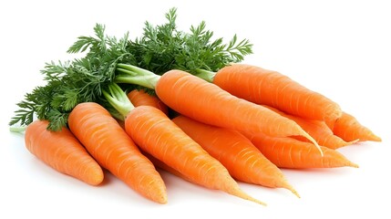 A bunch of vibrant orange baby carrots with green tops, freshly harvested, on a white background.