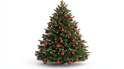 Decorated Xmas tree stands in a bright, white room with balls, lights and a gold star