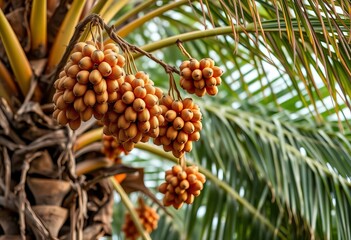 Clusters of areca palm nuts hanging from tree branches, brown, growth