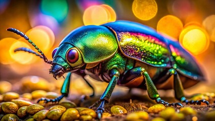 Fototapeta premium Macro Photography: Close-Up of a Beetle with Beautiful Bokeh Background