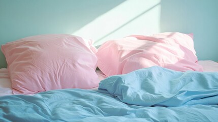 Soft pillows and sheets on a bed with sunlight on them