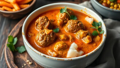 Close-up of rich, creamy lamb korma curry in a bowl, spices, mild