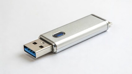 Silver USB Flash Drive on White Background