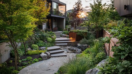 Fototapeta premium Dramatic Urban Garden with Layered Plantings at Sunset