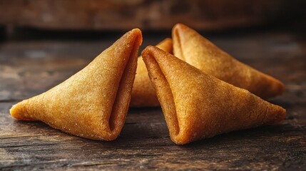 Golden fried, triangular pastries, appetizingly arranged on rustic wooden surface