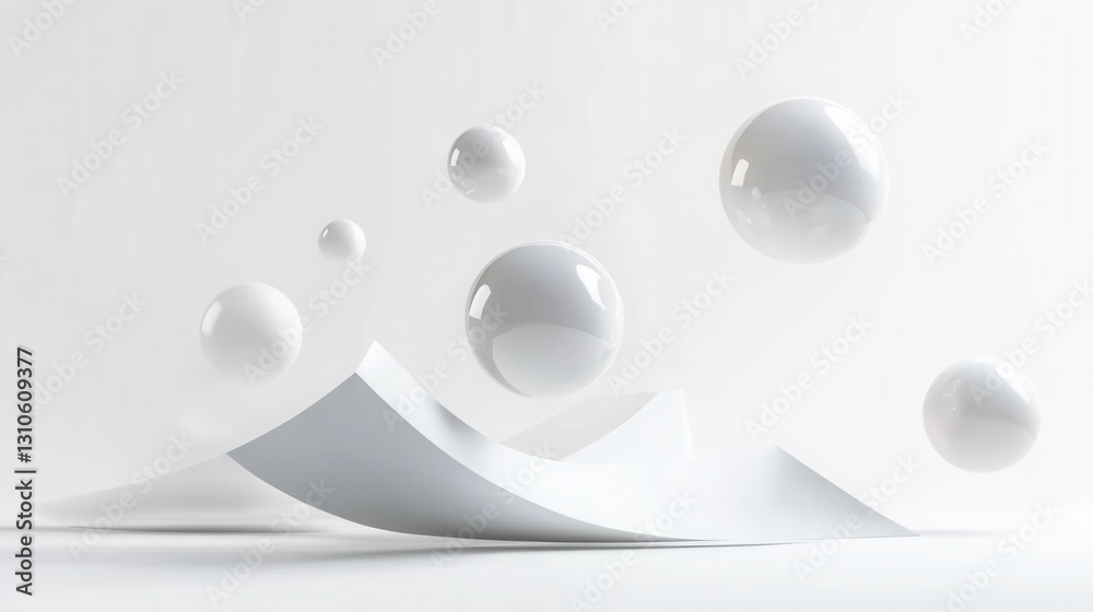 Poster Floating 3D shapes create an elegant minimalist design with soft shadows and light reflections in a futuristic setting