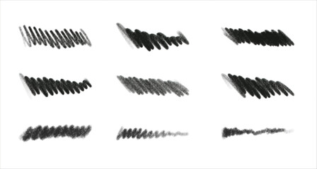 Set of black grunge crayon, chalk textured scratches. Vector hand drawn bold lines and strokes isolated on white backdrop