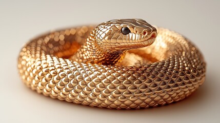 Fototapeta premium Golden serpent coils on simple backdrop, elegant, gleaming reptilian predator, focus on head