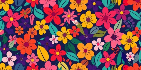 Abstract seamless pattern of stylized flowers and leaves in vibrant hues, floral, yellow