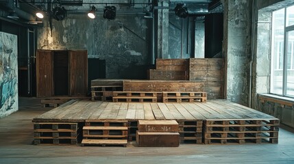 Obraz premium Dynamic Arrangement of Makeshift Pallets in Urban Interior Space