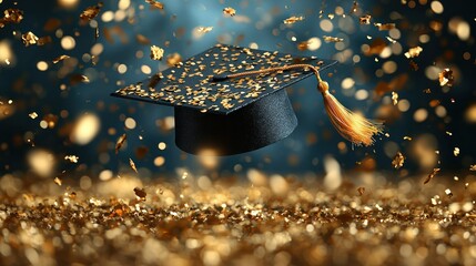 Graduation cap floats amid golden confetti
