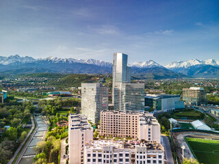 View of the tallest building in Almaty from a drone. Ritz-Carlton Hotel in Almaty and the Esentai Mall building. May 3, 2024 Almaty Kazakhstan
