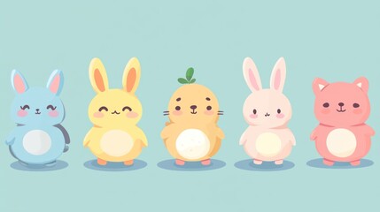 Five Adorable Cartoon Animals Standing Together On A Surface