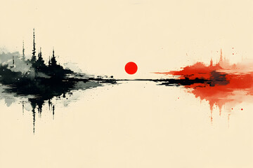 Abstract cityscape, red sun, water reflection