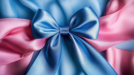 A blue bow resting atop pink and blue satin ribbons