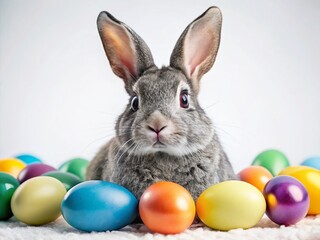 Macro Photo: Gray Rabbit with Colorful Easter Eggs on White