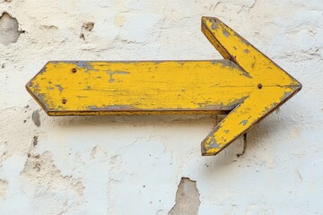 Rustic Yellow Arrow Sign on Weathered Wall.