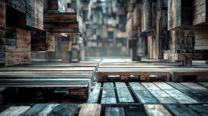 Futuristic Digital Installation with Sleek Wooden Blocks in Focus