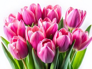Fototapeta premium Macro Pink Tulip Bouquet, Spring Flowers, Isolated White Background