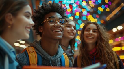 Fototapeta premium Happy friends admire bright lights, diverse smiles, travel, exploring together