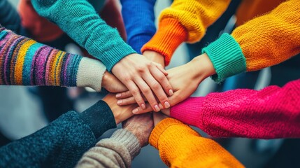 Group of people's hands together in a huddle, vibrant sweaters and unity