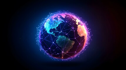 Obraz premium The image shows a stylized representation of the Earth, glowing with vibrant colors and connected by a network of lines and points, suggesting global connectivity and technological networks.