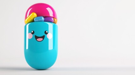 Obraz premium Cute Blue Capsule Character with Colorful Lid and Happy Face