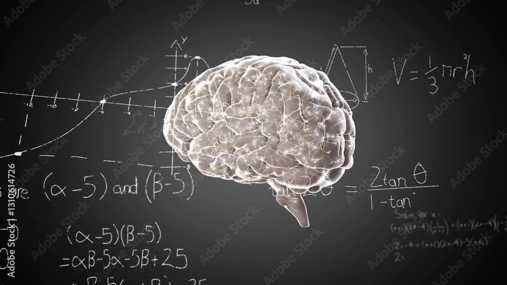 Poster animation of brain with mathematical equations and graphs on dark background