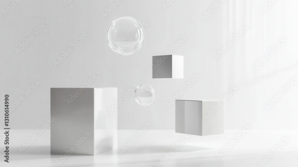 Poster Floating 3D shapes create a captivating and futuristic display with soft shadows and elegant reflections on a white background