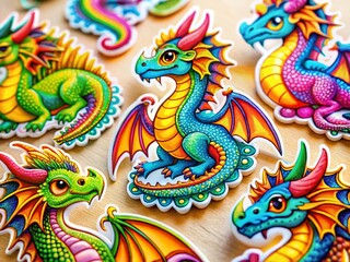 Macro Shot of Whimsical Colorful Dragon Stickers, Fun Fantasy Reptile Decals