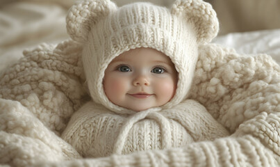 Baby in knitted outfit, cozy indoor
