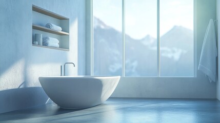 Modern bathroom with a freestanding tub and mountain view