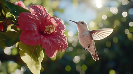 Hummingbird hovering, near red hibiscus flower, against soft bokeh greenery