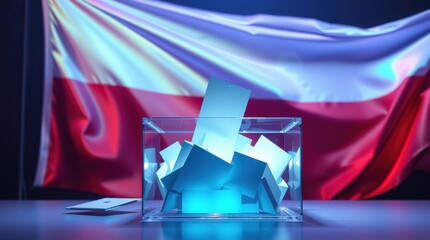 Polish election: ballot box filled with votes against a backdrop of the national flag of the country. presidential elections in Poland