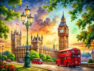 Fototapeta premium Macro Watercolor Big Ben & London Skyline: Charming Streetlamp, Red Bus, Gothic Architecture