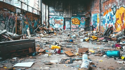 Gritty Urban Room Filled with Debris and Graffiti Art
