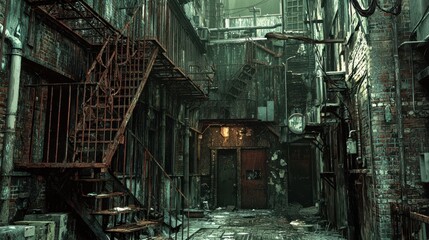 Gritty Urban Alleyway with Rusted Elements and Fire Escape Stairs