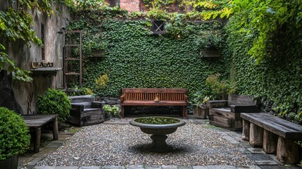 Obraz premium Serene Hidden Urban Garden Courtyard with Ivy and Relaxing Seating