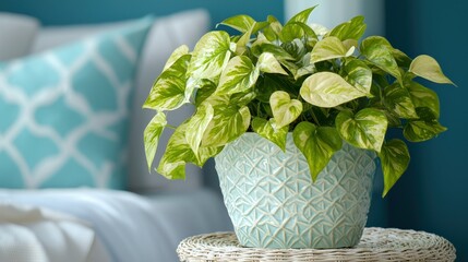 Indoor plant with green leaves on a blue patterned pot on a woven table