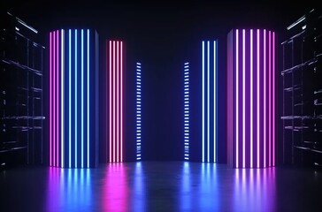Obraz premium Neon Lit Vertical Columns Creating a Futuristic Ambience in a Dark Space with Glowing Reflections
