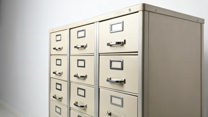 Two Beige Metal Filing Cabinets on White Background