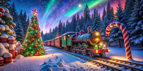 Obraz premium Magical Christmas Train Journey Through Candy Cane Forest